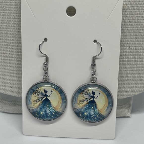 Hand Crafted Blue Yellow Silver Fairy Pendant Necklace & Earring Set NWT OS - Picture 2 of 6